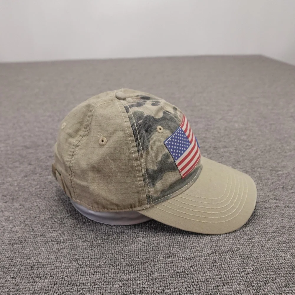 CAT Hat Cap Strap Back Mens One Size Beige Camo USA Flag Patriotic Baseball